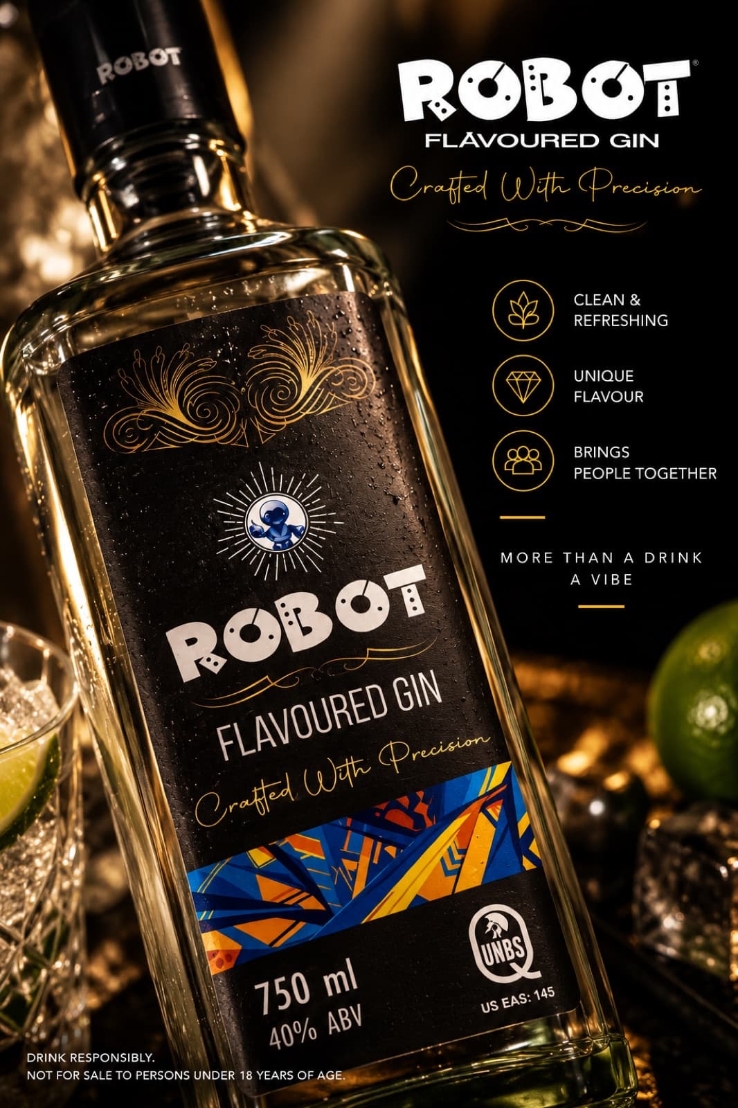 Robot Flavoured Gin campaign artwork — the bottle in golden light