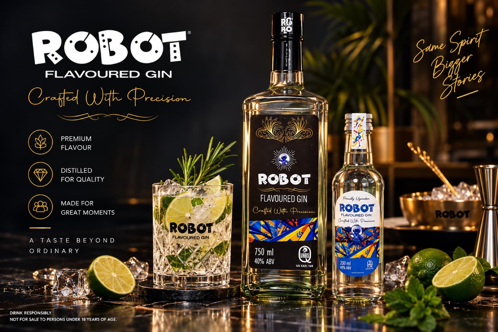 Robot Flavoured Gin campaign artwork — the 750 ml and 200 ml bottles with a served cocktail