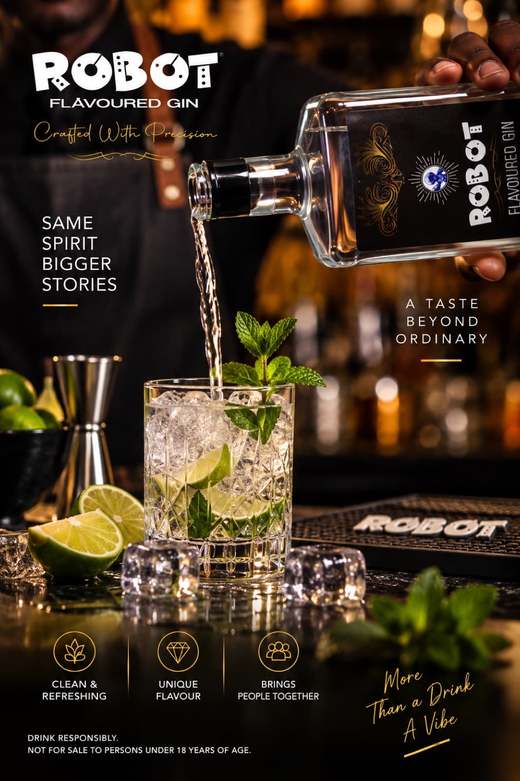 Robot Flavoured Gin campaign artwork — the first pour over ice